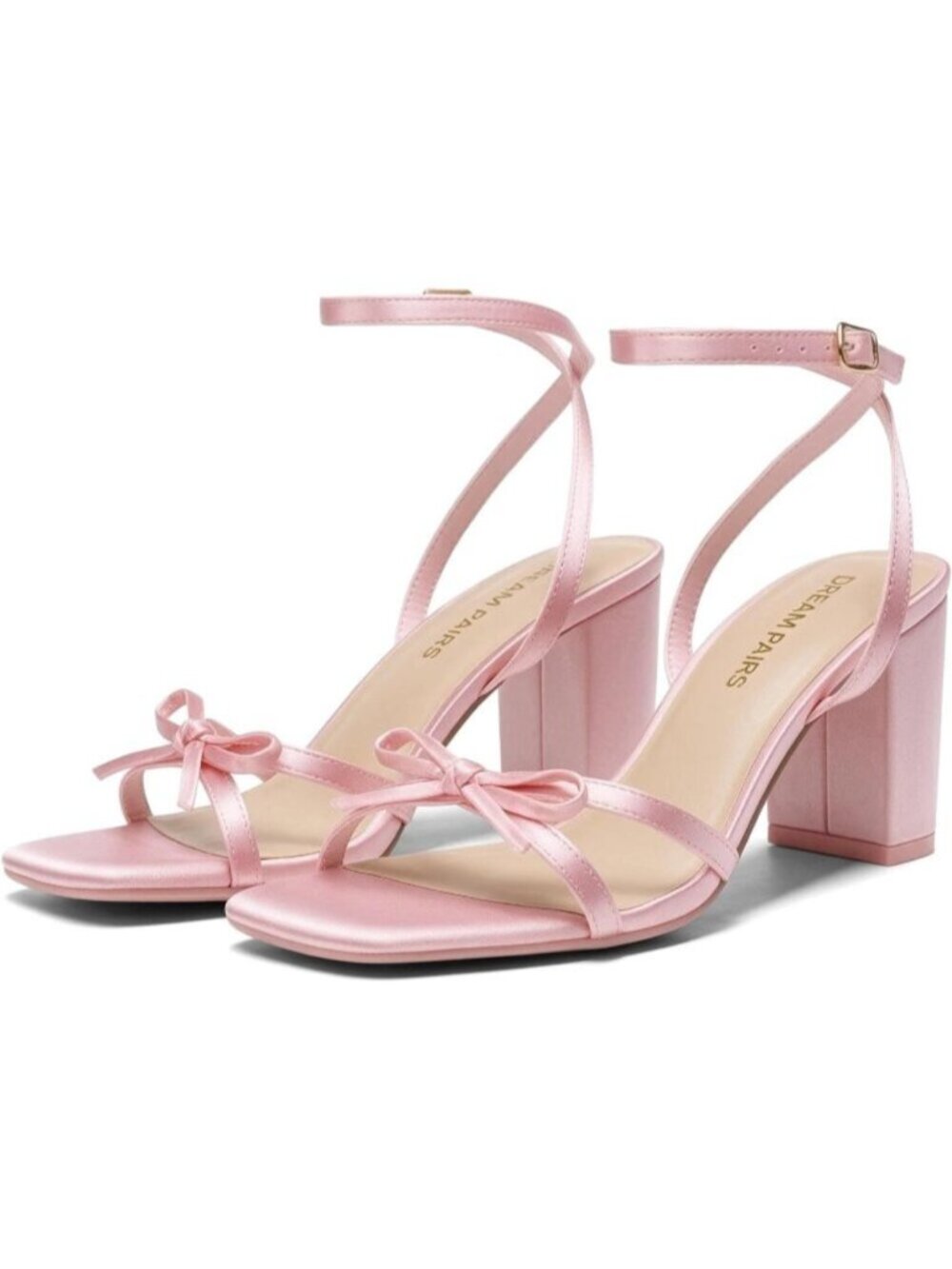 🆕Women Pink Faux Leather Square Open Toe Elegant Bow Strappy Block Heel Sandals